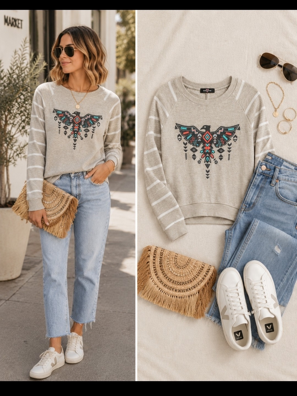 Ransom Aztec Thunderbird Eagle Pullover Boho Western Striped Sleeve Top S